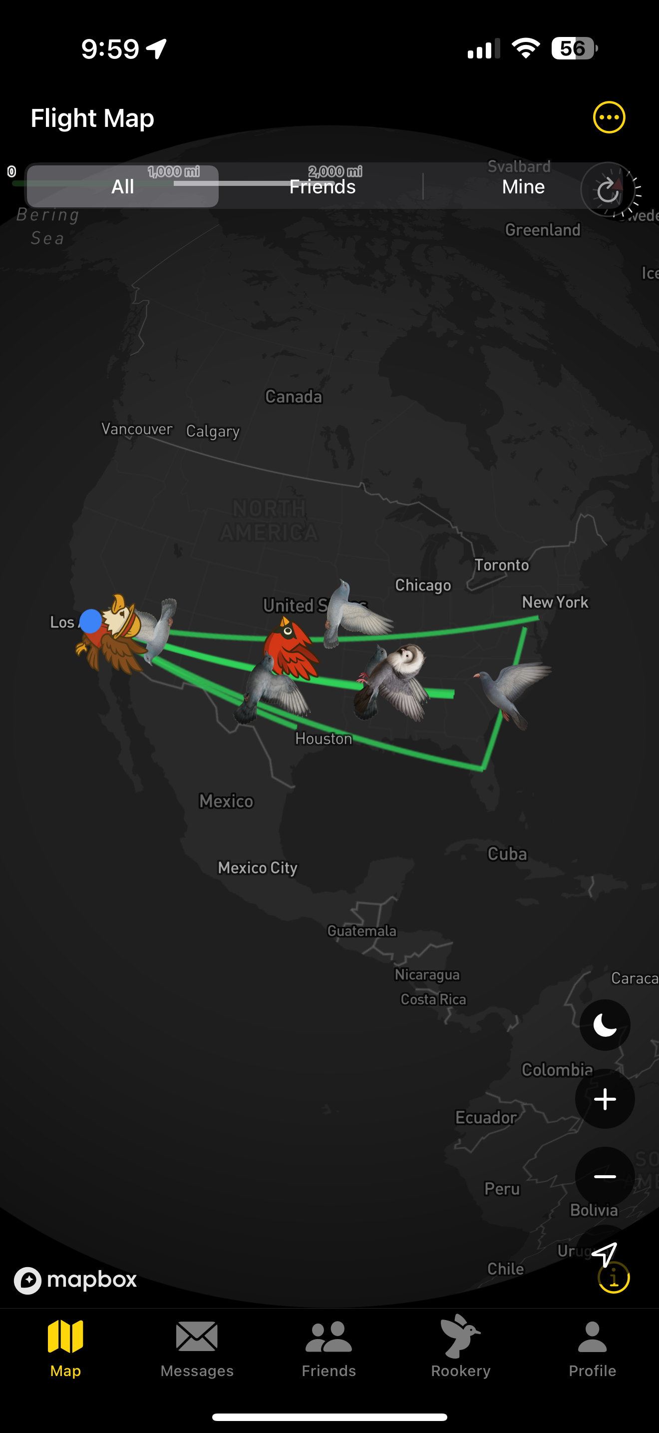 Roost Flight Map - Birds flying across real-time map