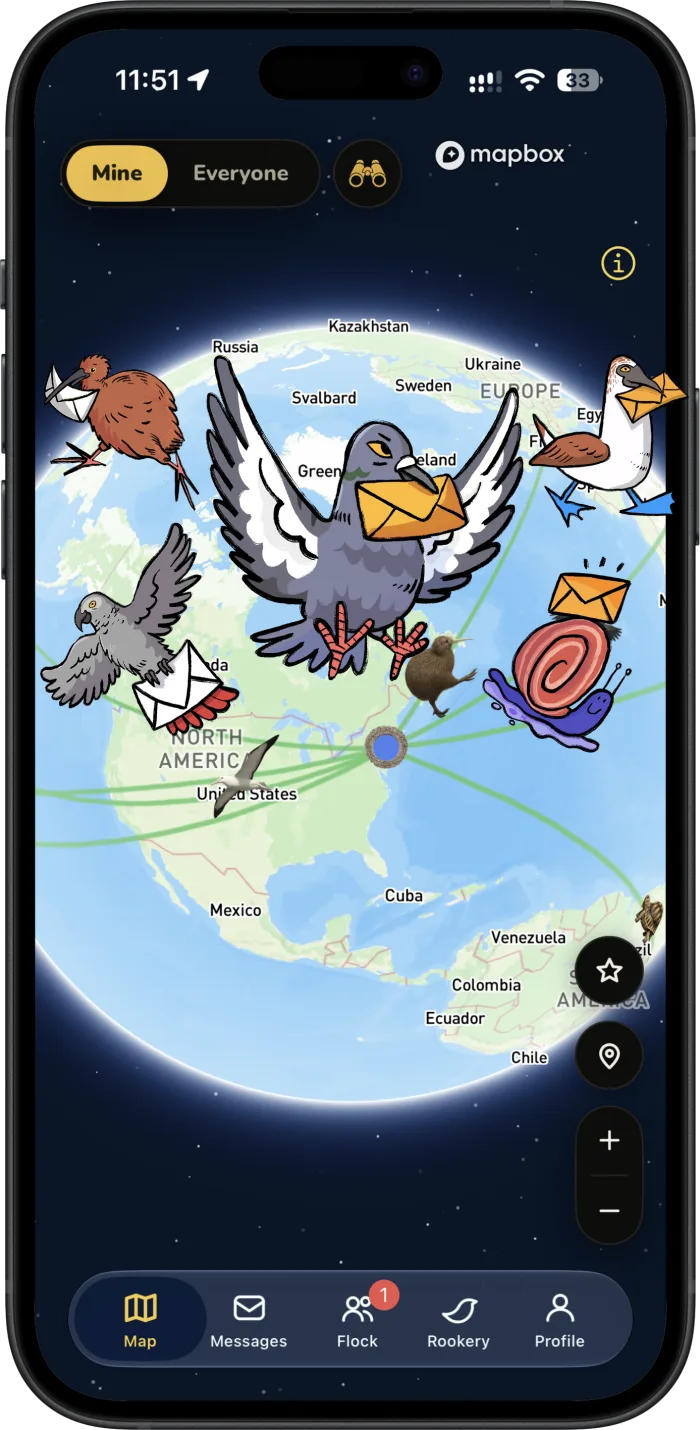 The Roost app map, where a carrier pigeon, a kiwi, a parrot and a snail fly letters across the globe